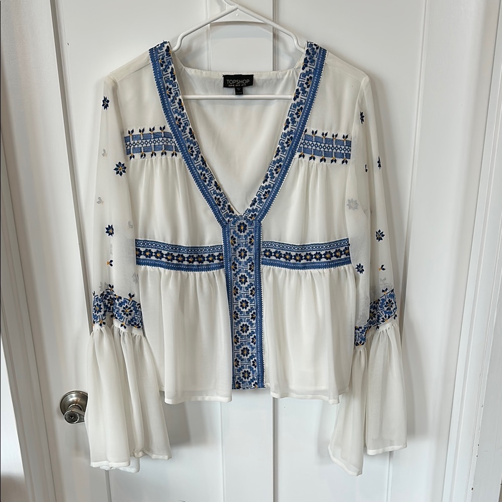 Topshop White and Blue Embroidered Women's Top